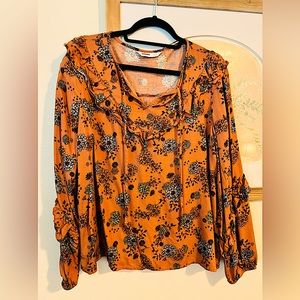 GUC- Sonoma-Size L-Burnt Orange Floral Boho Blouse.